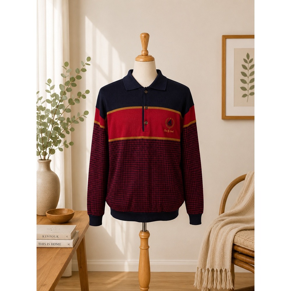 Vtg Sea & Sark Made in Italy Wool Knit Polo Sweater XL Check Pattern 80s 90s